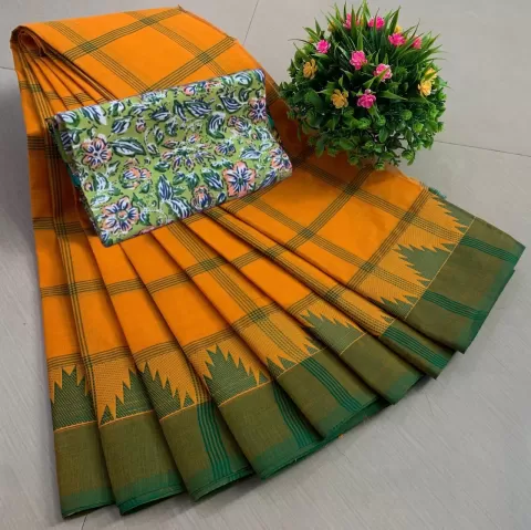 Orange Pure Cotton Saree